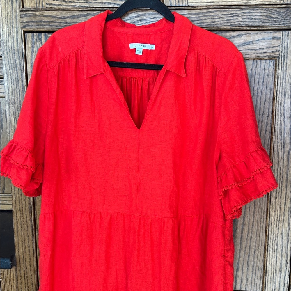 Chico's Red Tiered Maxi Dress with V-Neck Collar - Picture 4 of 9